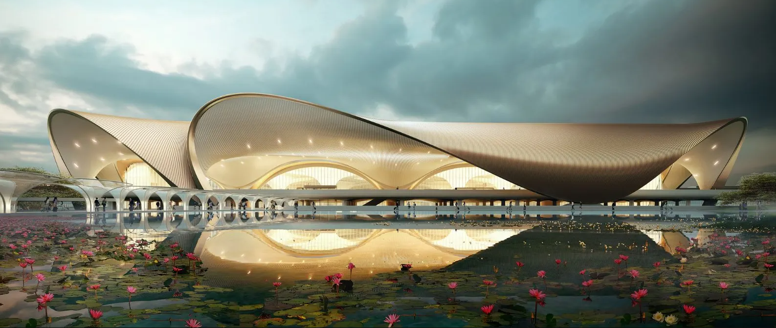 Contemporary Indian airport architecture reflected in a lotus pond at dusk