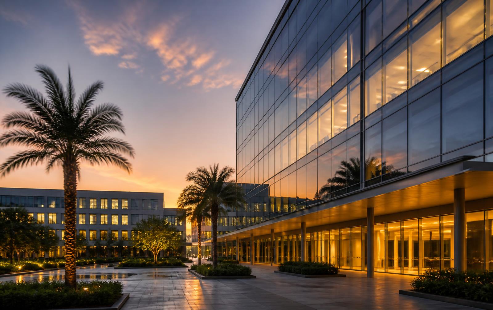 Modern Indian technology campus at dusk