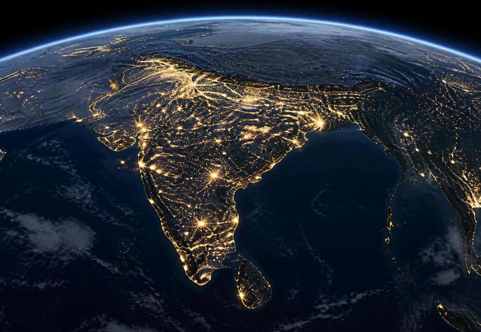 The Indian subcontinent seen from space at night, city lights glowing