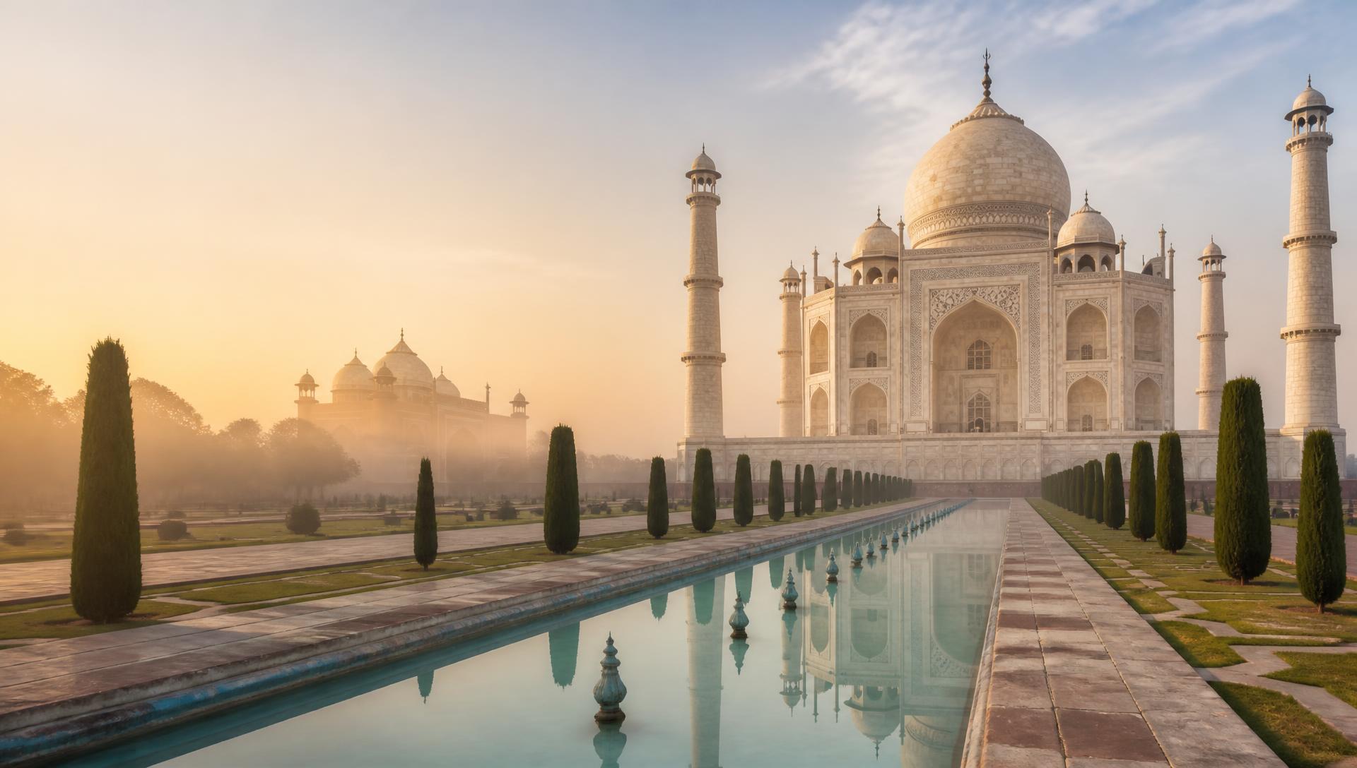 The Taj Mahal at dawn, reflected in the long water channel